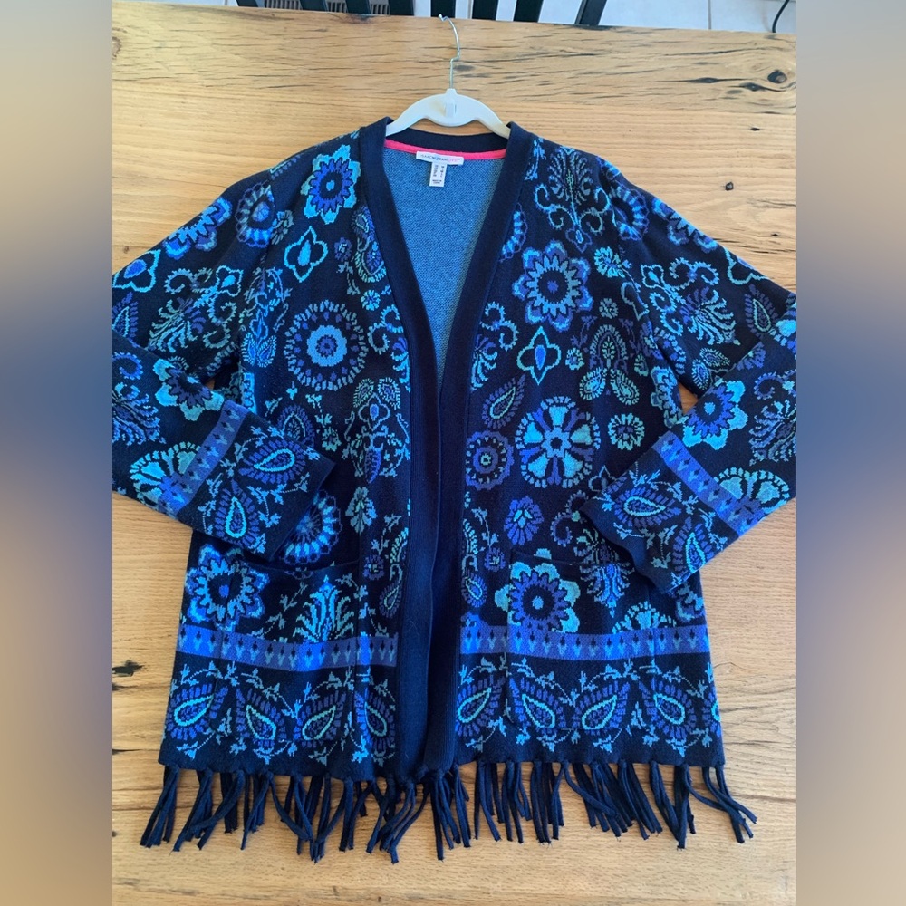 Isaac Mizrahi Fringe Paisley Print Blue Mint Long Sleeve Women’s Medium Cardigan